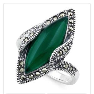 6 Pk .925 Silver Green Agate and Marcasite Rings